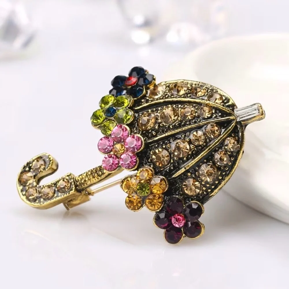 Floral Umbrella Brooch Rhinestone Y2K  Pin Corsages Scarf Pins Women’s Jewelry